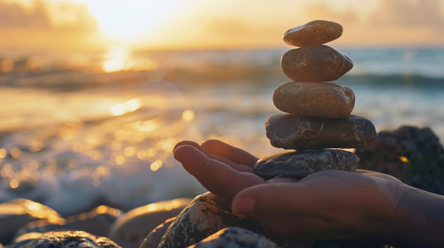 Balanced stones held in warm sunset light