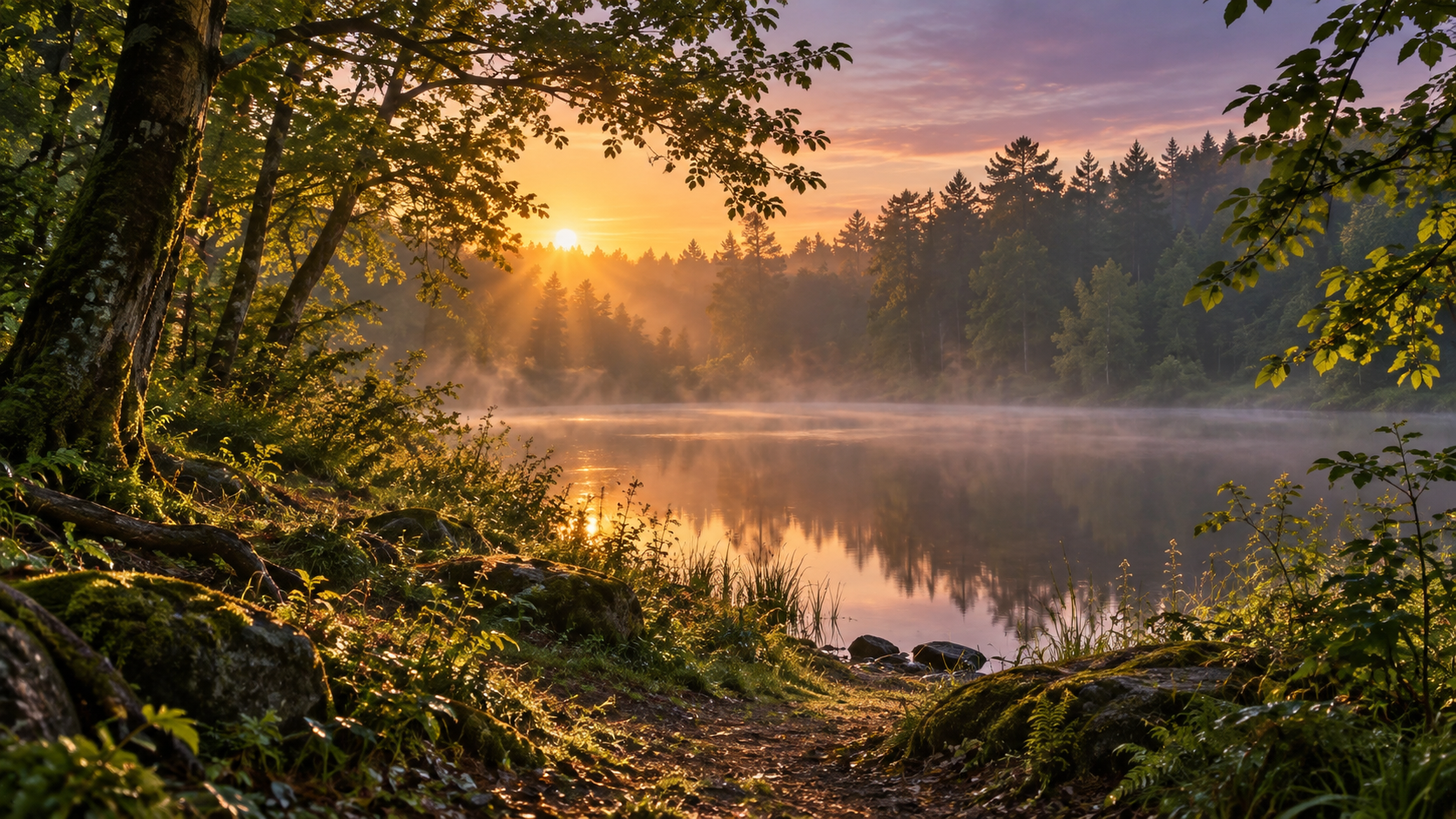 Morning light opening across a quiet lake